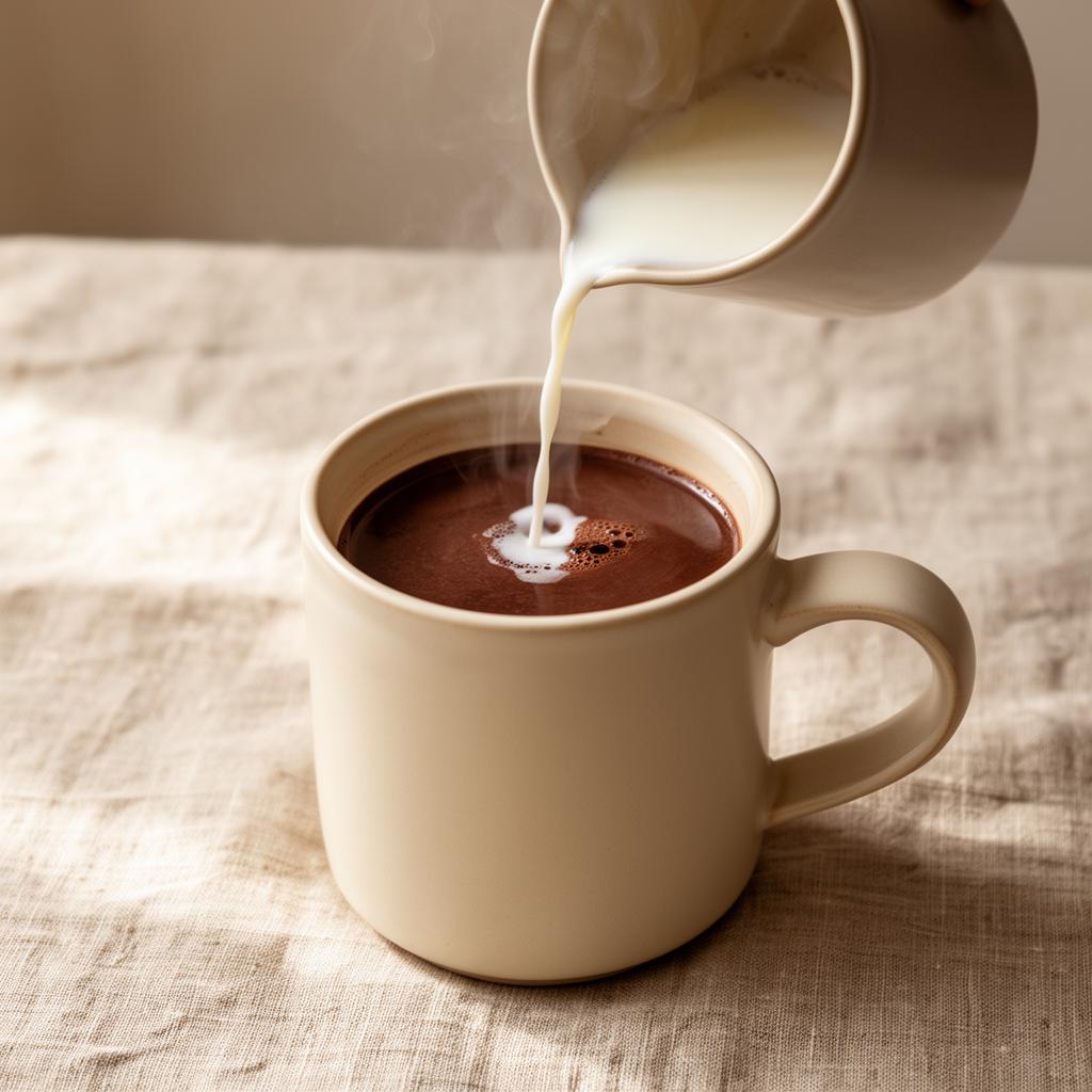 Pouring warm milk into a cacao mug on linen