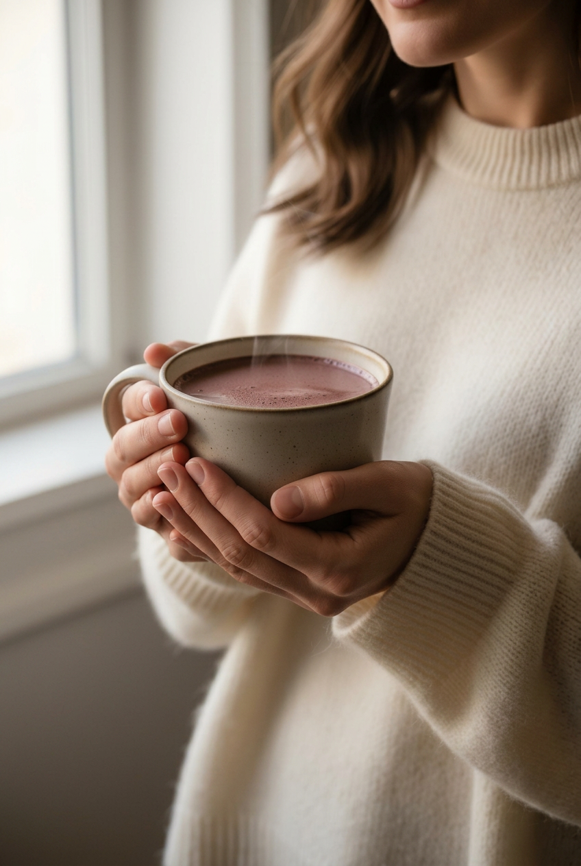 Hands cradling a warm mug of cacao by a sunlit window